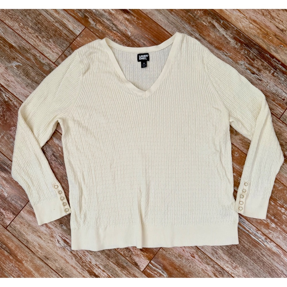 Lands End Womens 3X 24W 26W Ivory Cream 100% Cotton Cable Knit V-Neck Sweater